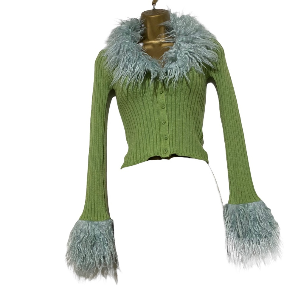 Urban Outfitters Cardigan Y2K Faux Fur Collar Cuffs Slim Fit Green XS Ribbed 90s - Picture 2 of 10